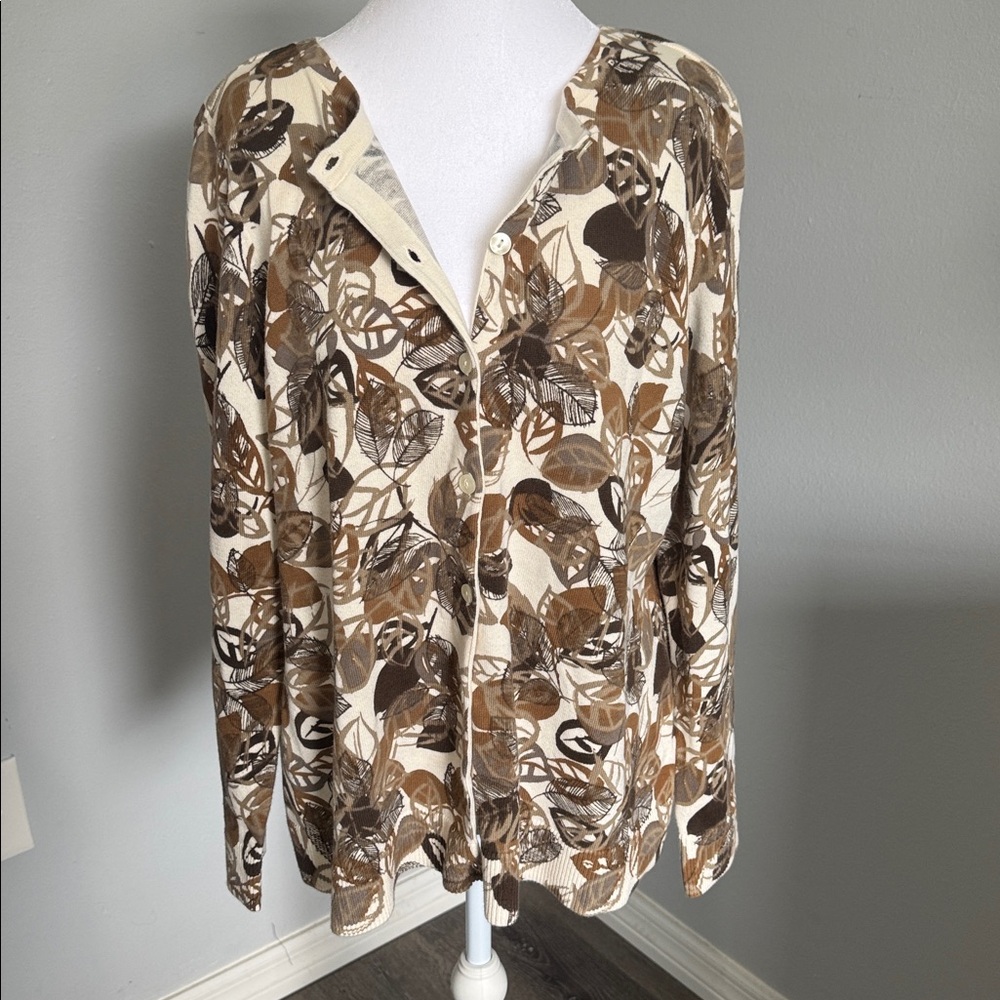 Christopher & Banks Beige fall leaves Patterned Cardigan